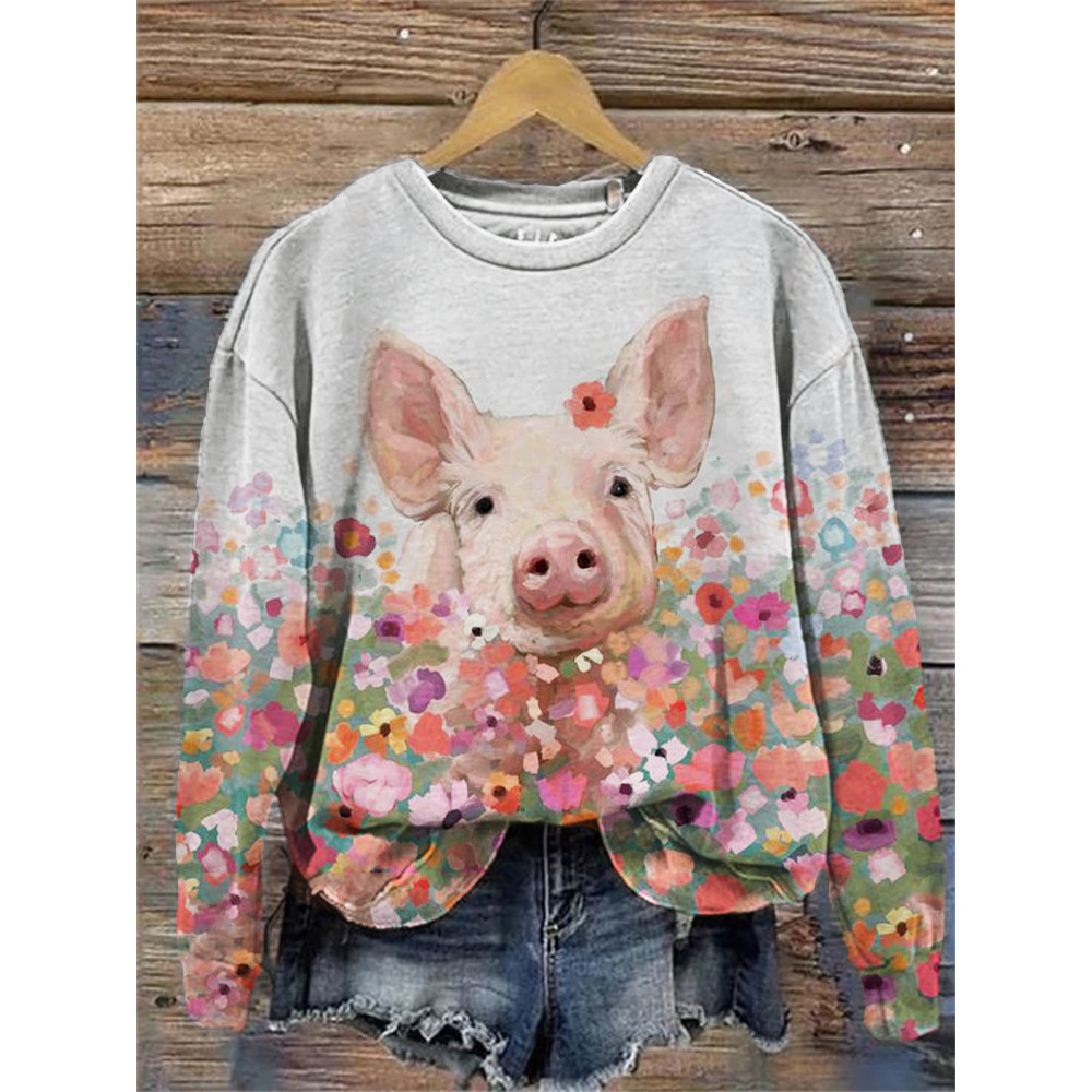 Lovely Pig Floral Painting Comfy Sweatshirt