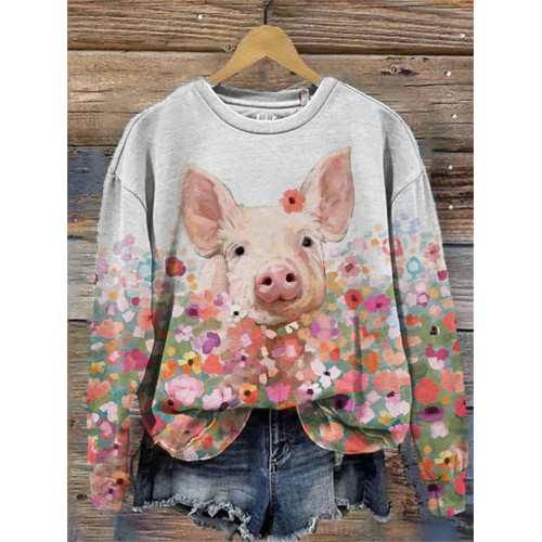 Lovely Pig Floral Painting Comfy Sweatshirt