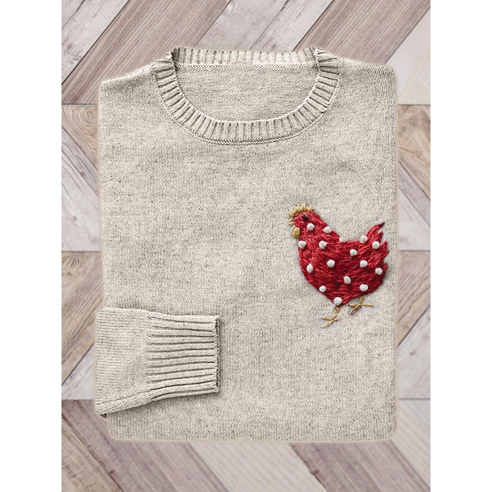 Lovely Polka Dot Chicken Embroidery Art Knit Sweater