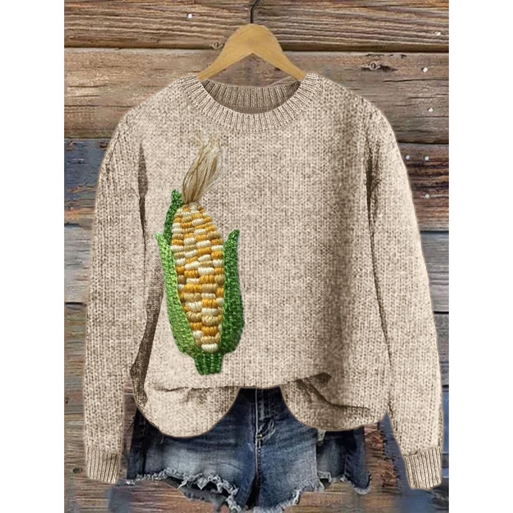 Maize Embroidery Farm Girl Cozy Knit Sweater