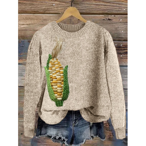 Maize Embroidery Farm Girl Cozy Knit Sweater
