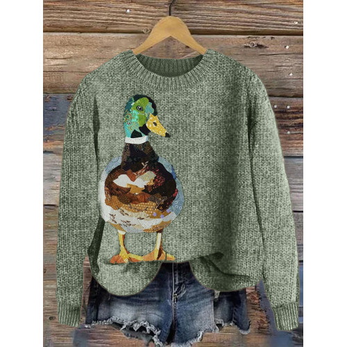 Mallard Wild Duck Patchwork Fiber Art Cozy Sweater