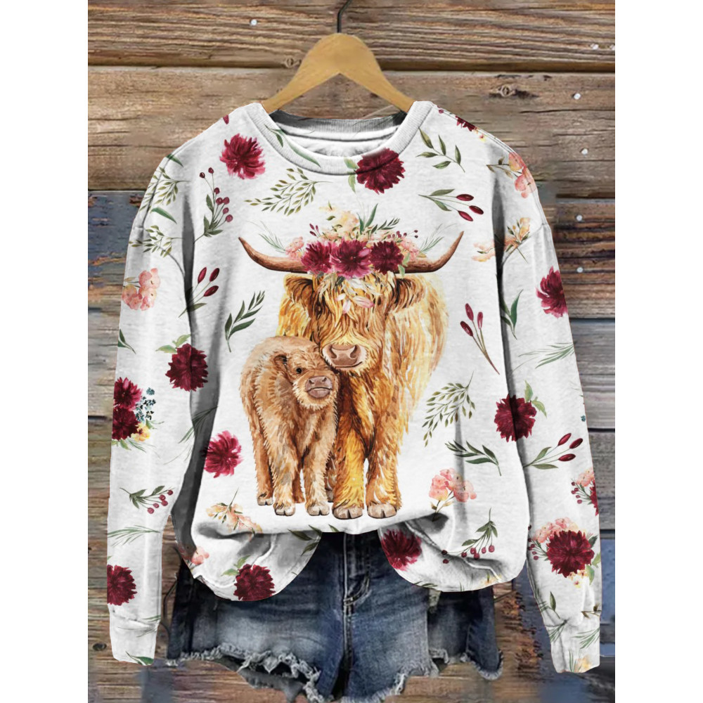 Maroon Floral Highland Cow Graphic Comfy Sweatshirt