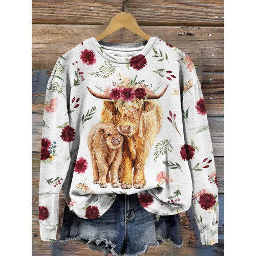 Maroon Floral Highland Cow Graphic Comfy Sweatshirt