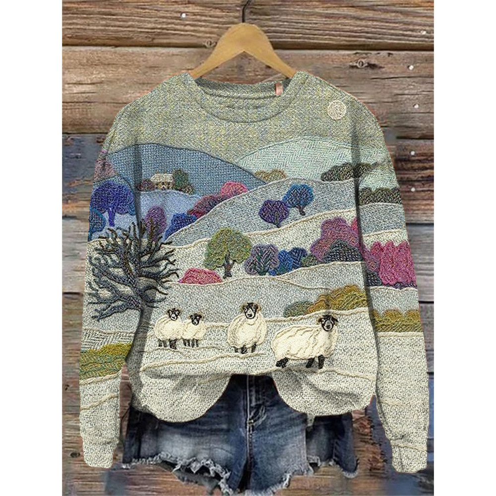 Mountain & Sheep Pattern Crew Neck Sweatshirt