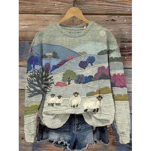 Mountain & Sheep Pattern Crew Neck Sweatshirt