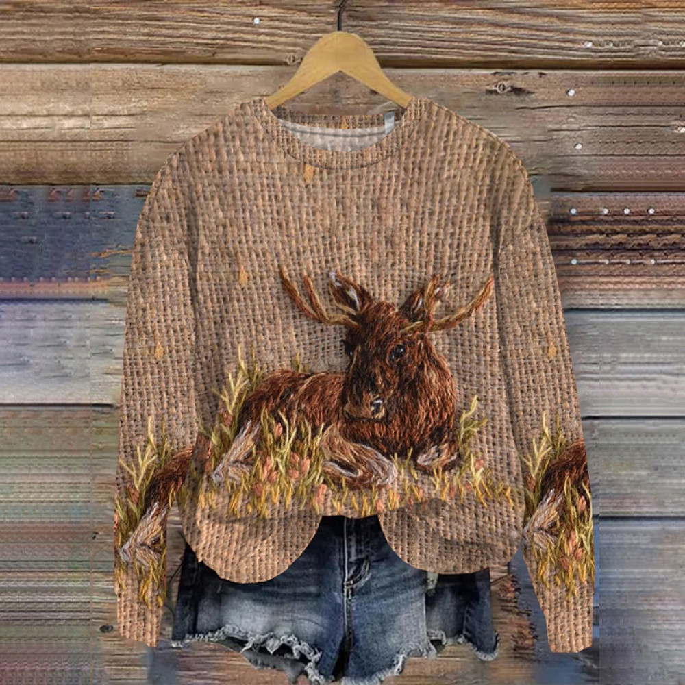 Natural Grass Highland Cow Print Knitted Sweatshirt