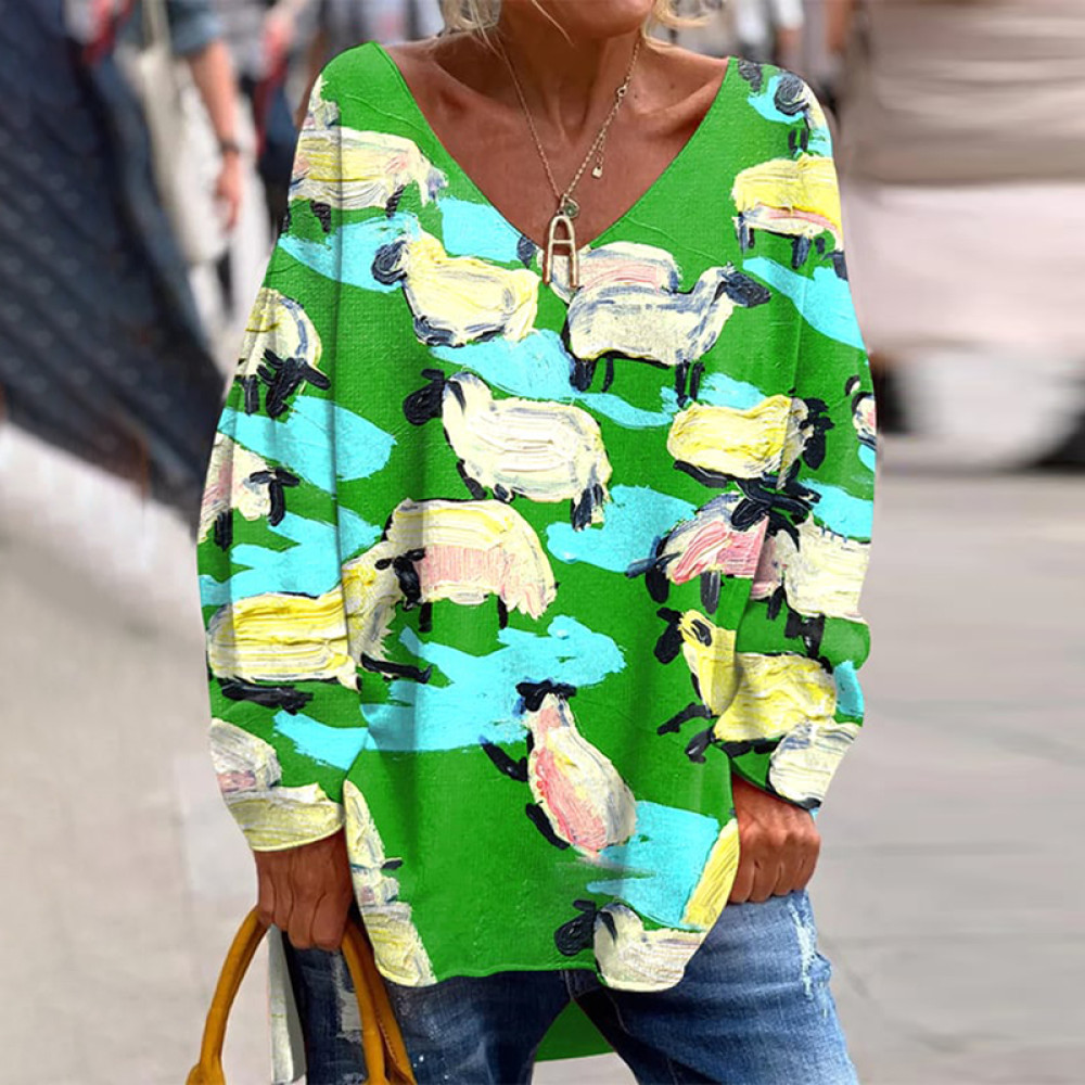OIL Painting Sheep Print V-Neck Long Sleeved Loose T-Shirt
