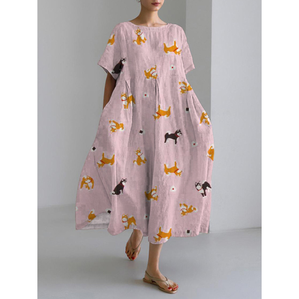 Onigiri & Shiba Inu Print Linen Blend Maxi Dress