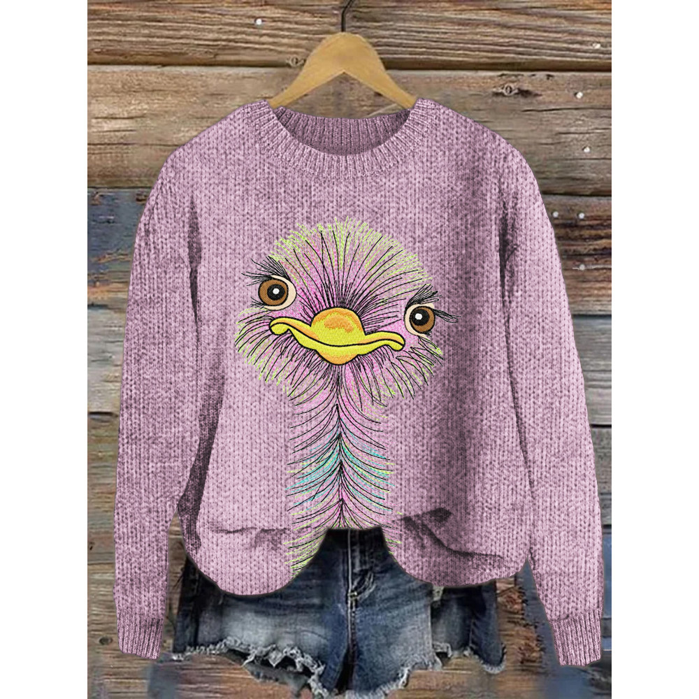 Ostrich Embroidery Crew Neck Sweater