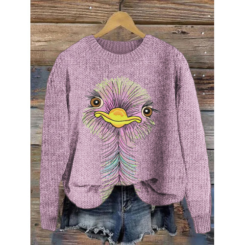 Ostrich Embroidery Crew Neck Sweater