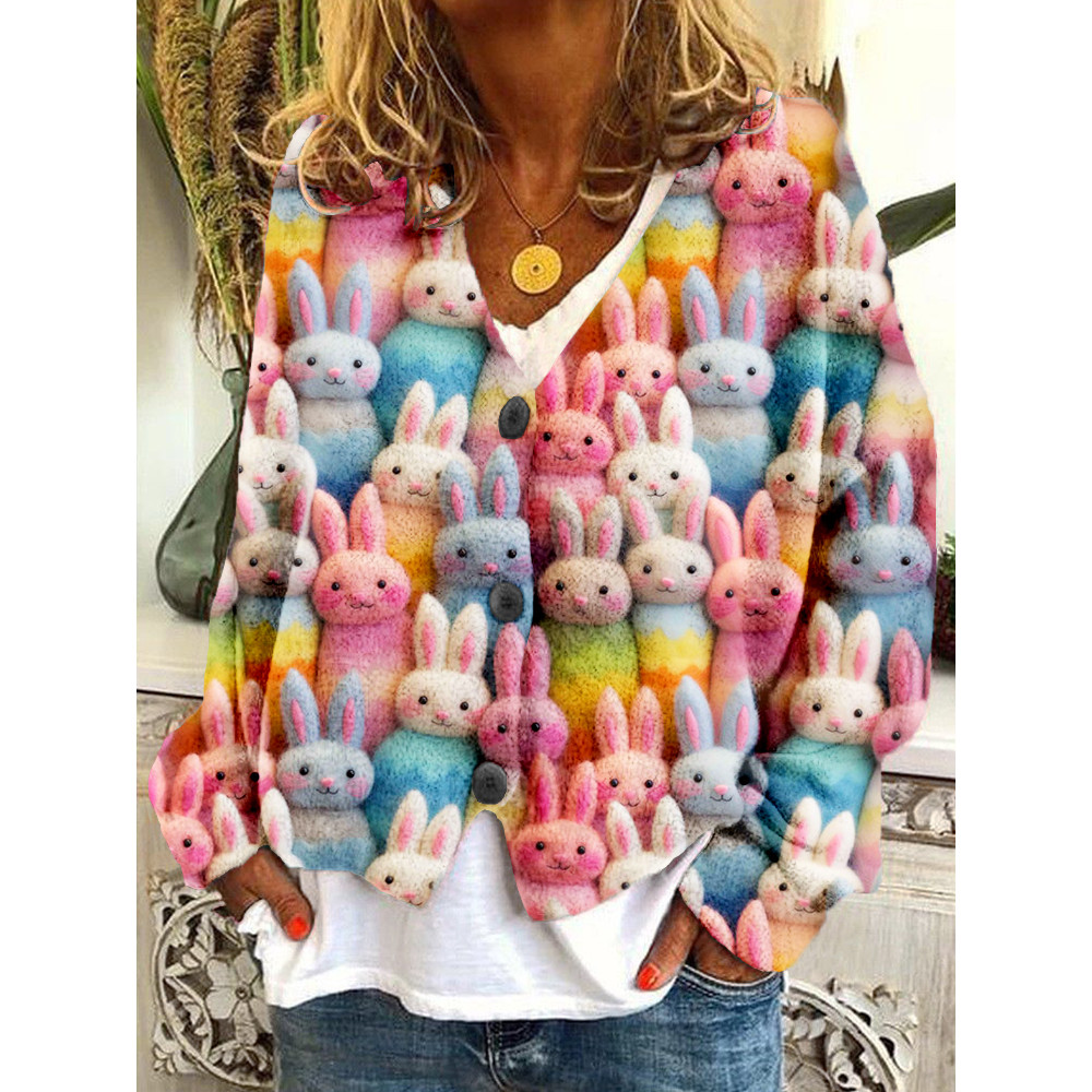 Pastel Easter Bunny Embroidery Art Cozy Knit Cardigan