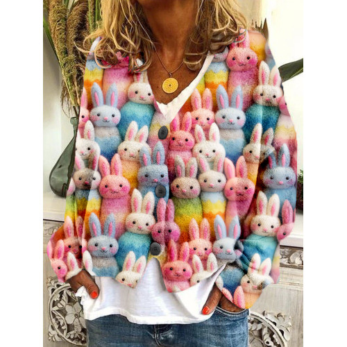 Pastel Easter Bunny Embroidery Art Cozy Knit Cardigan