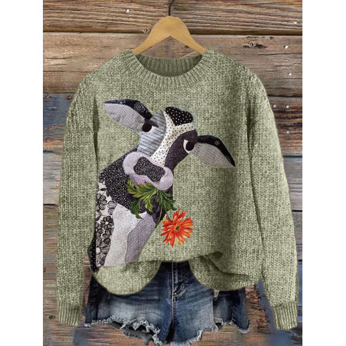 Peeking Dairy Cow Textile Art Cozy Knit Sweater