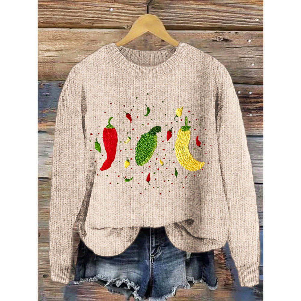 Pepper Embroidery Pattern Crew Neck Sweater