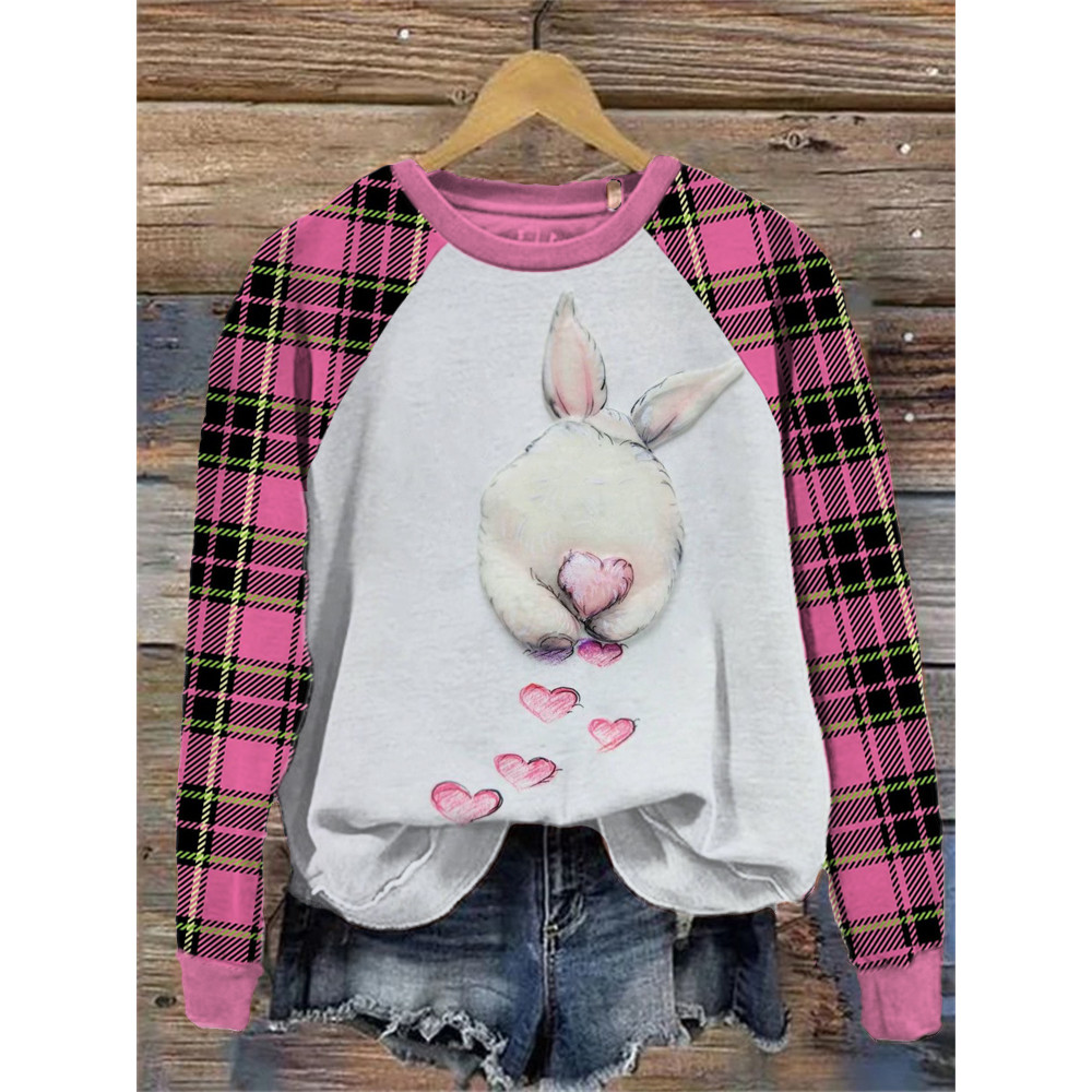 Pink Checkered Rabbit Pattern Crew Neck Sweatshirt