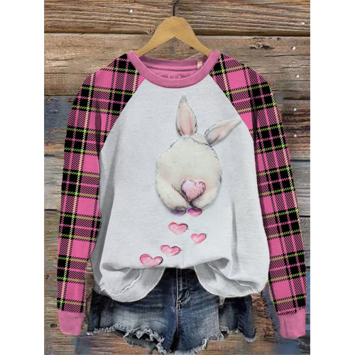 Pink Checkered Rabbit Pattern Crew Neck Sweatshirt