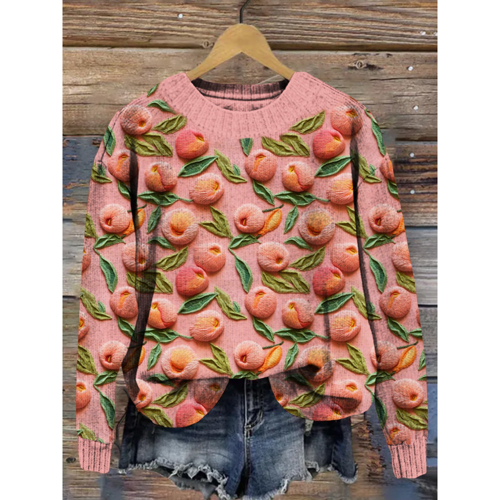 Pink Peach Embroidery Art Cozy Knit Sweater