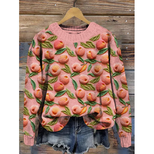 Pink Peach Embroidery Art Cozy Knit Sweater