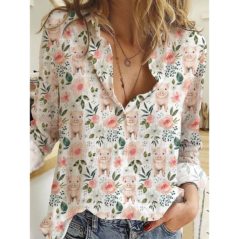 Pink Piglet And Floral Print Casual Blouse
