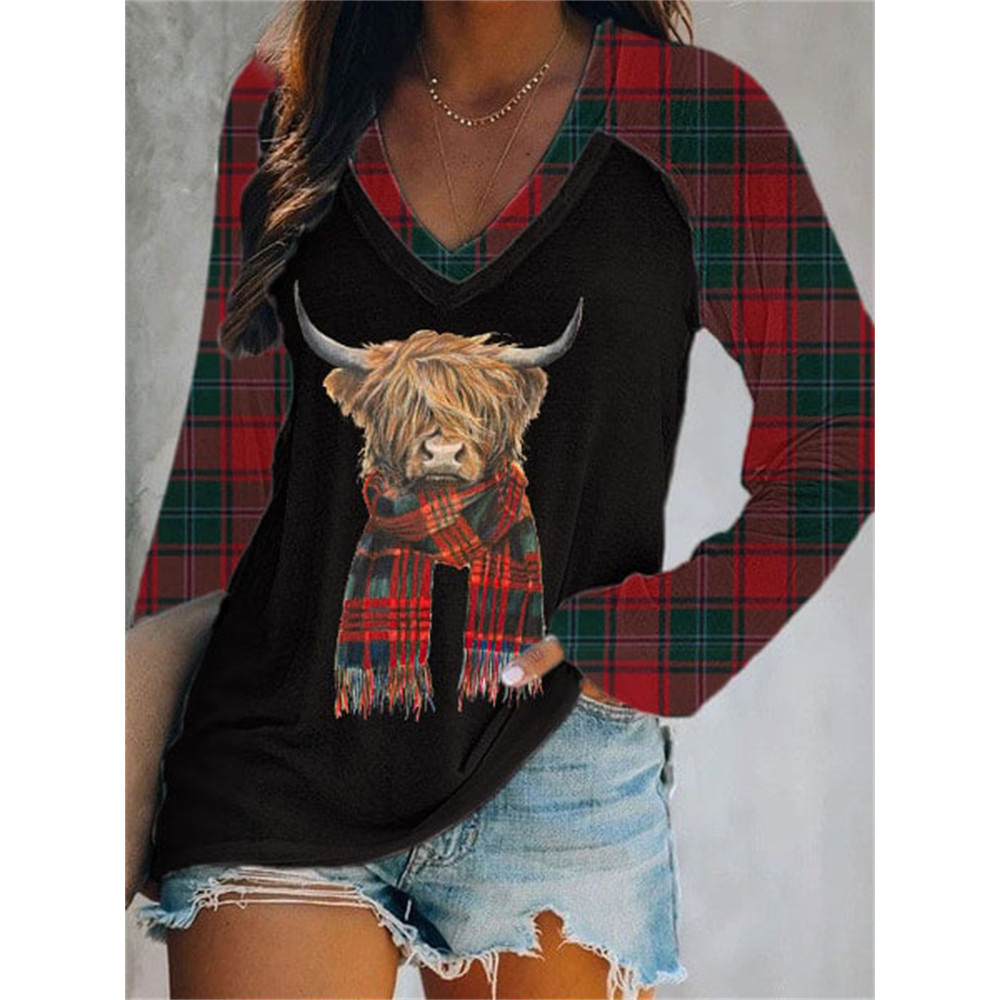 Plaid Scarf Highland Cow Patchwork V Neck T Shirt