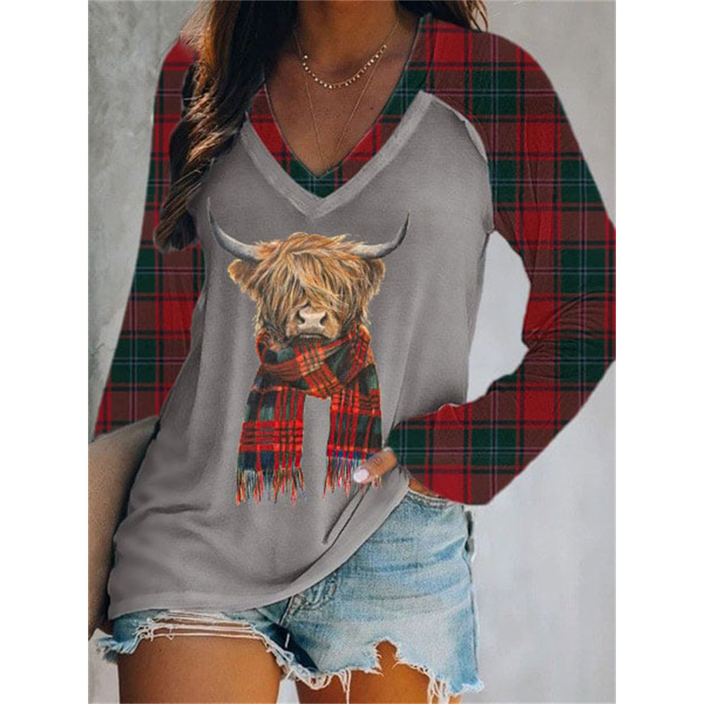 Plaid Scarf Highland Cow Patchwork V Neck T Shirt