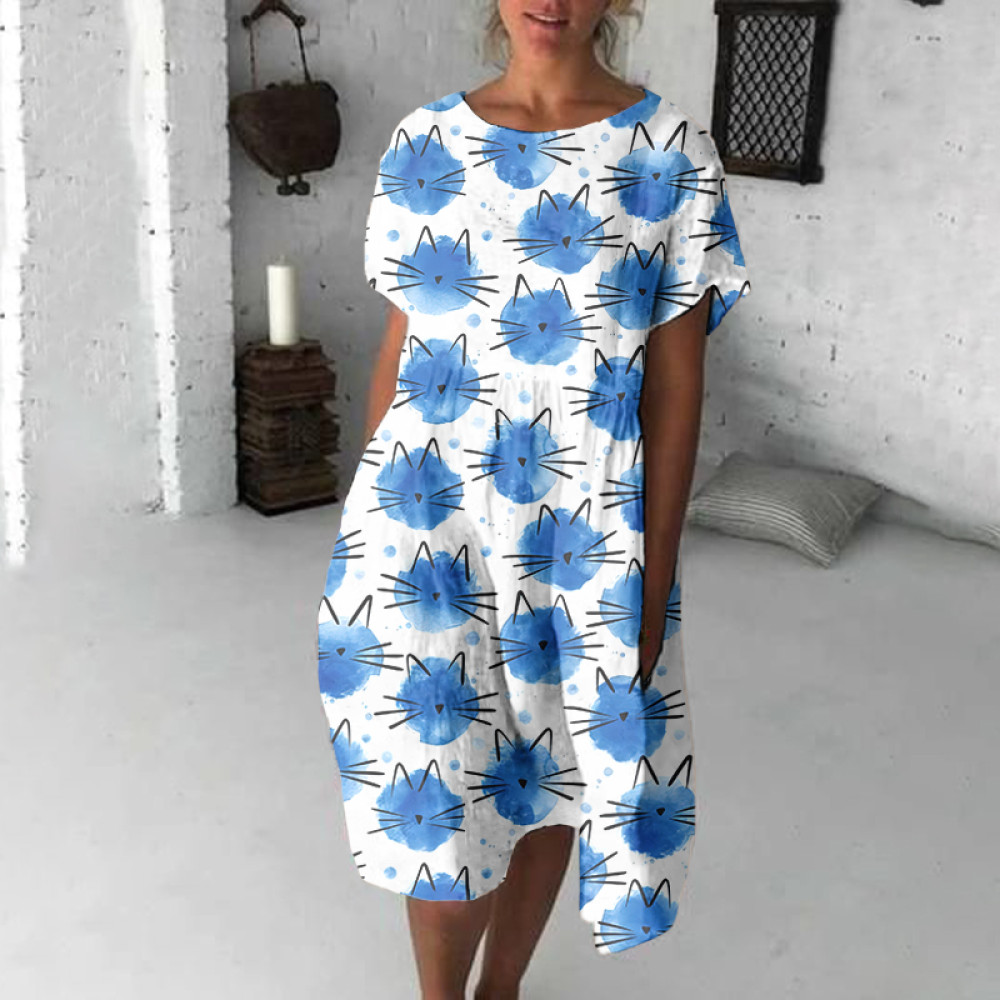 Polka Dot Cat Watercolor Art Linen Blend Loose Casual Midi Dress
