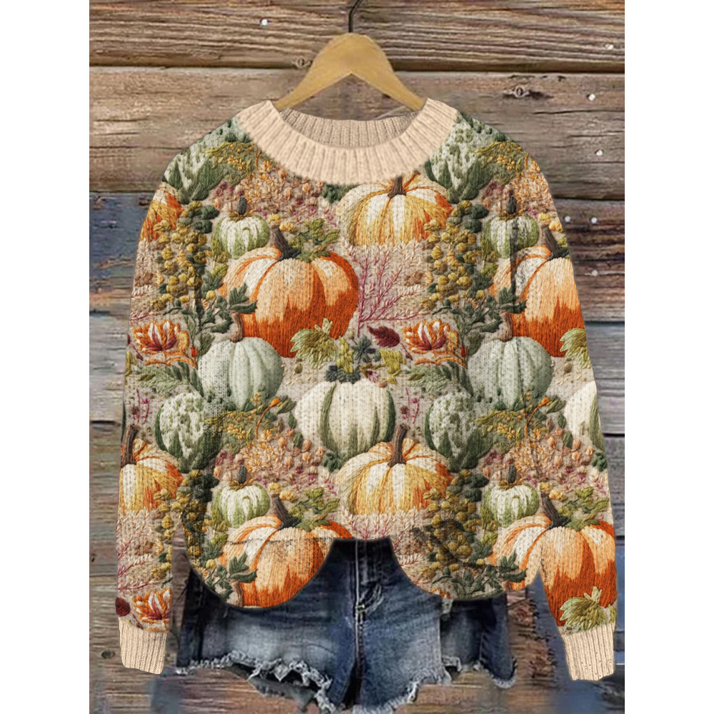 Pumpkin Embroidery Crew Neck Sweater