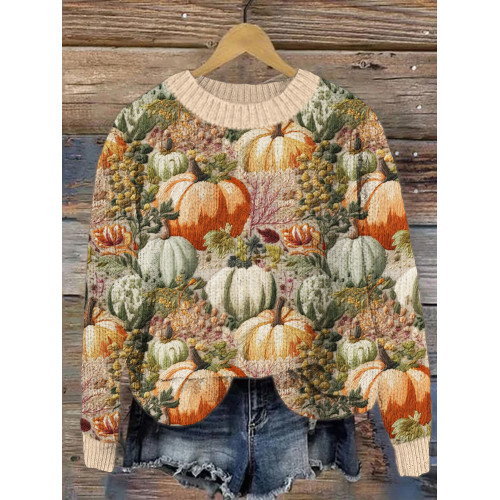 Pumpkin Embroidery Crew Neck Sweater