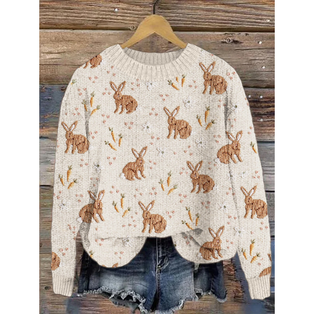 Rabbit & Carrot Embroidery Cozy Knit Sweater