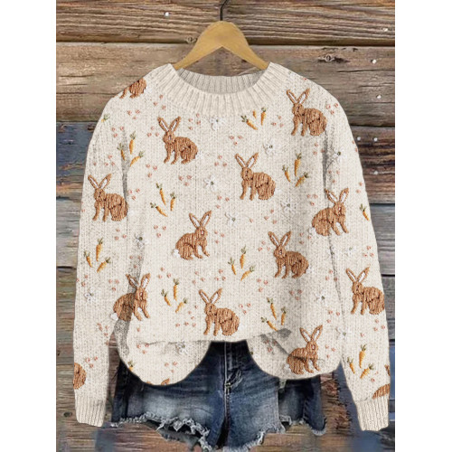 Rabbit & Carrot Embroidery Cozy Knit Sweater