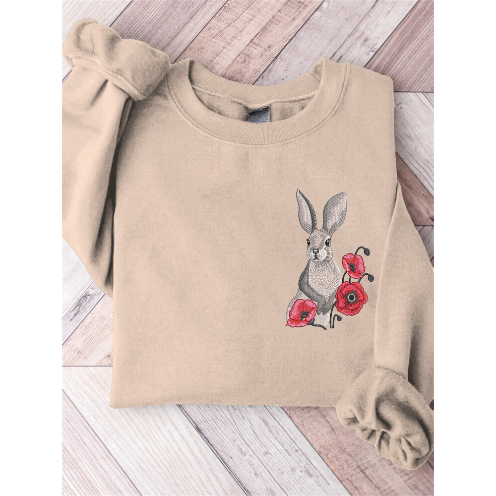 Rabbit & Flower Embroidery Pattern Crew Neck Sweatshirt