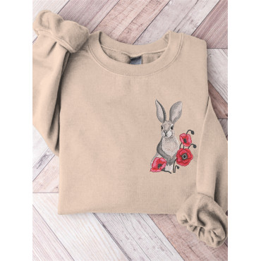 Rabbit & Flower Embroidery Pattern Crew Neck Sweatshirt