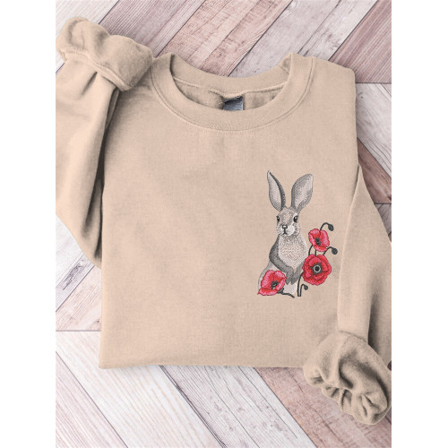 Rabbit & Flower Embroidery Pattern Crew Neck Sweatshirt