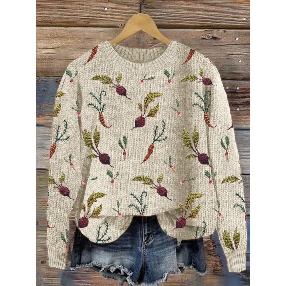 Radish & Carrot Embroidery Pattern Cozy Knit Sweater
