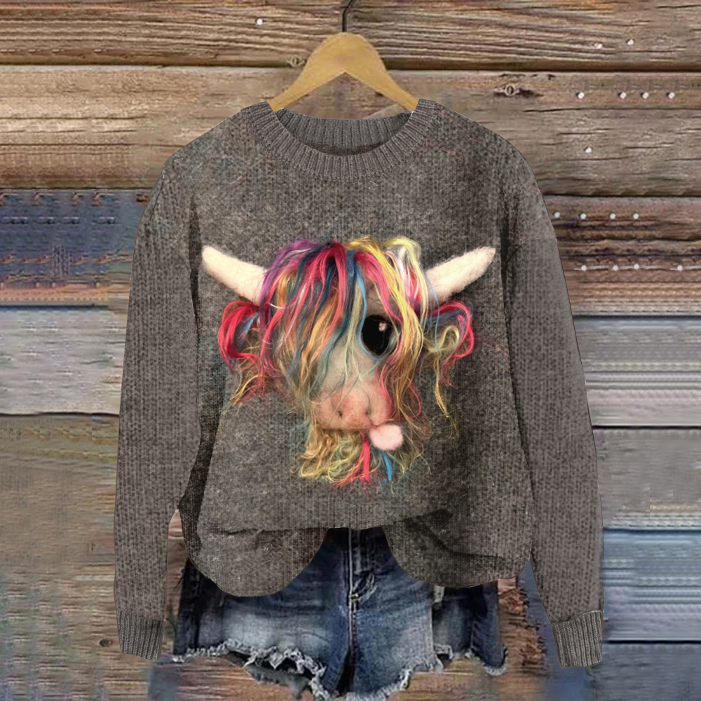 Rainbow Highland Cow Wool Felt Knitted Pullover Sweater