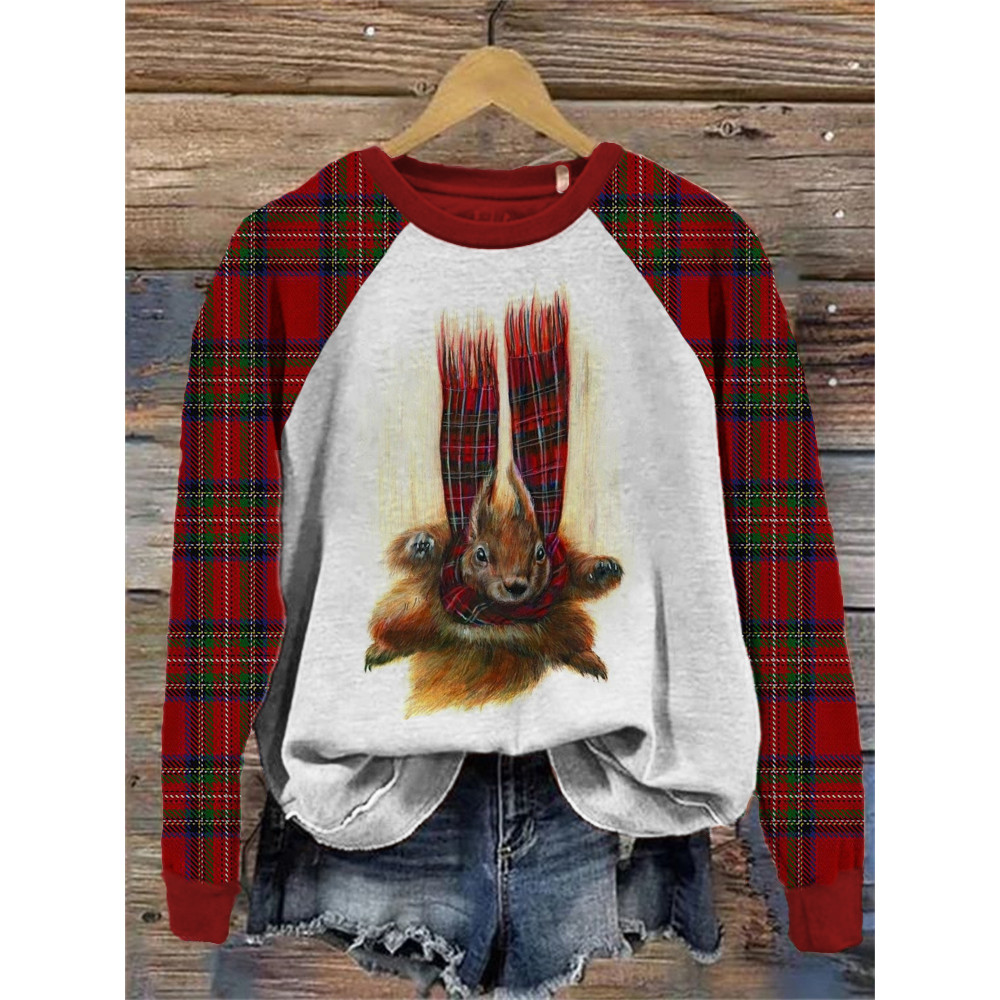 Red Checkered Squirrel Pattern Crew Neck Sweatshirt