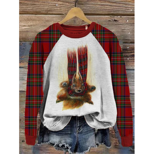 Red Checkered Squirrel Pattern Crew Neck Sweatshirt