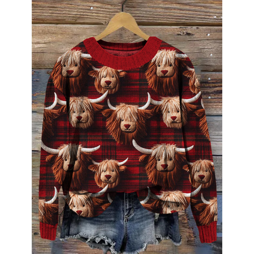 Red Plaid Highland Cow Embroidery Art Cozy Knit Sweater
