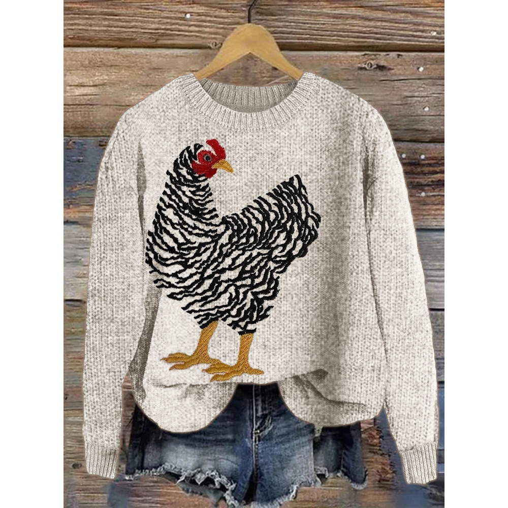Reed Chicken Embroidery Art Cozy Knit Sweater