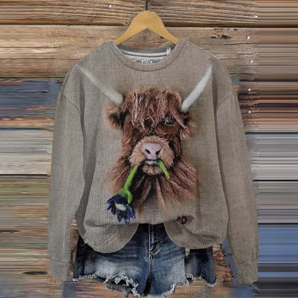 Retro Bull Head 3D Printed Round Neck Sweatshirt