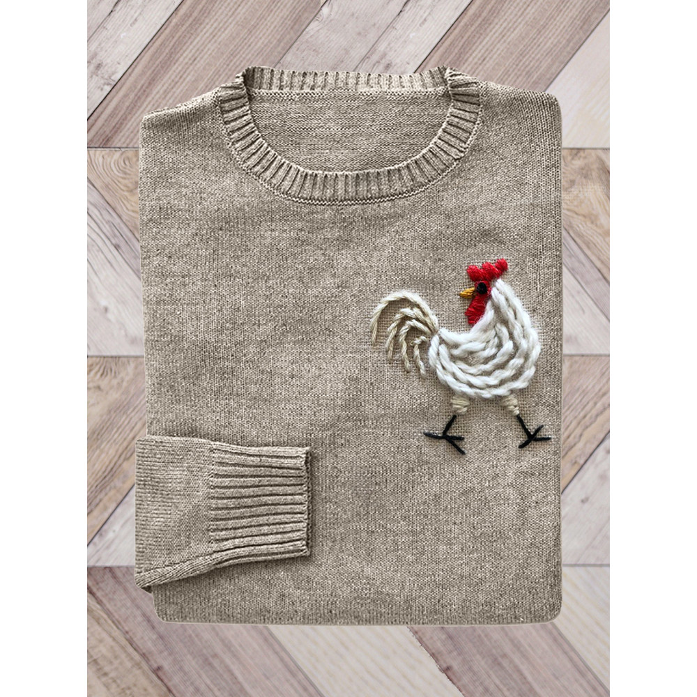 Rooster Embroidery Art Cozy Knit Sweater