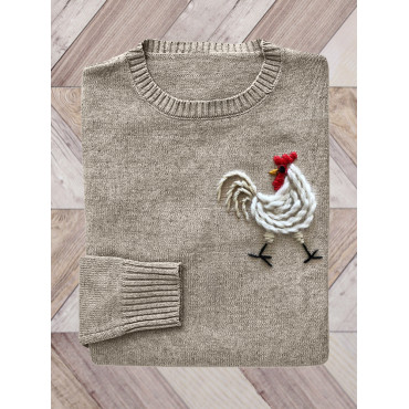 Rooster Embroidery Art Cozy Knit Sweater