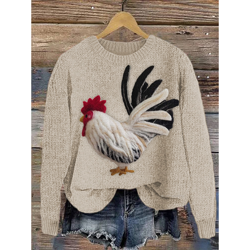 Rooster Felt Art Casual Cozy Soft Knit Sweater