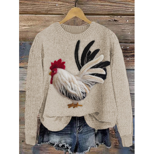 Rooster Felt Art Casual Cozy Soft Knit Sweater