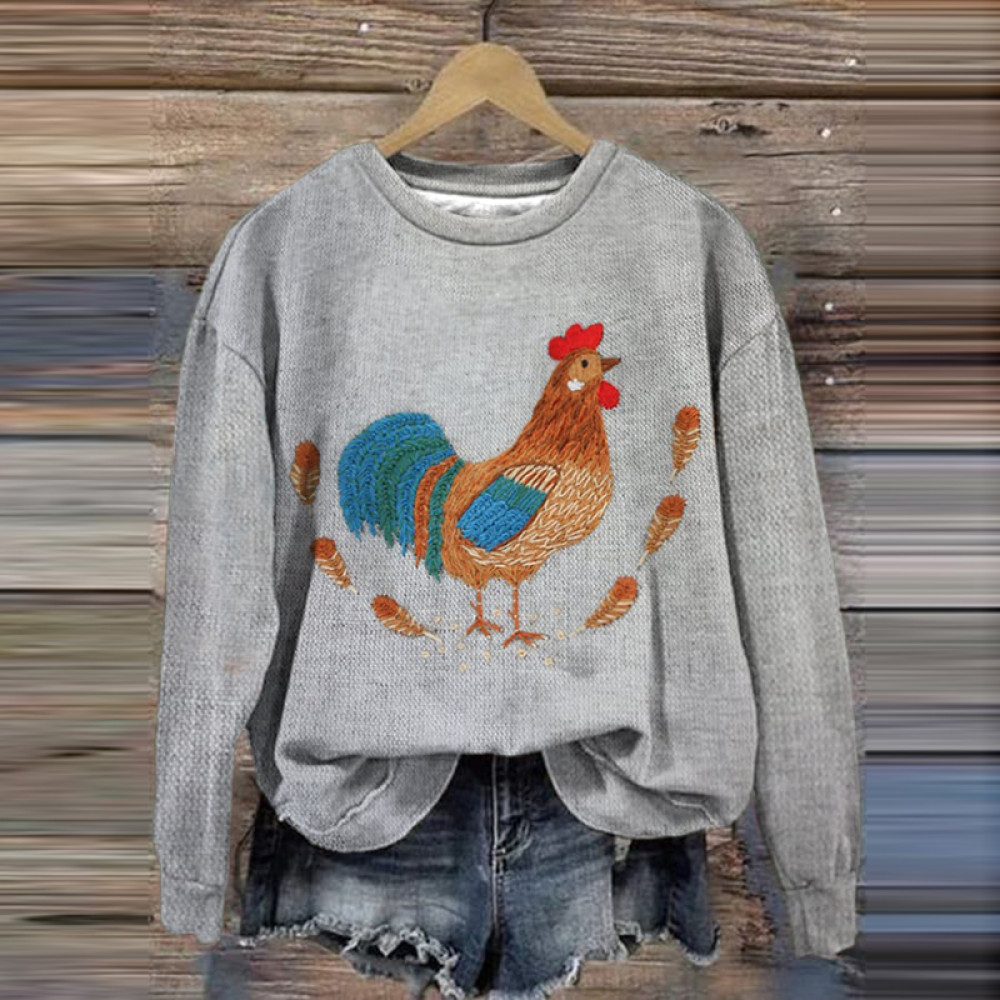 Rooster Print Casual Crew Neck Sweatshirt