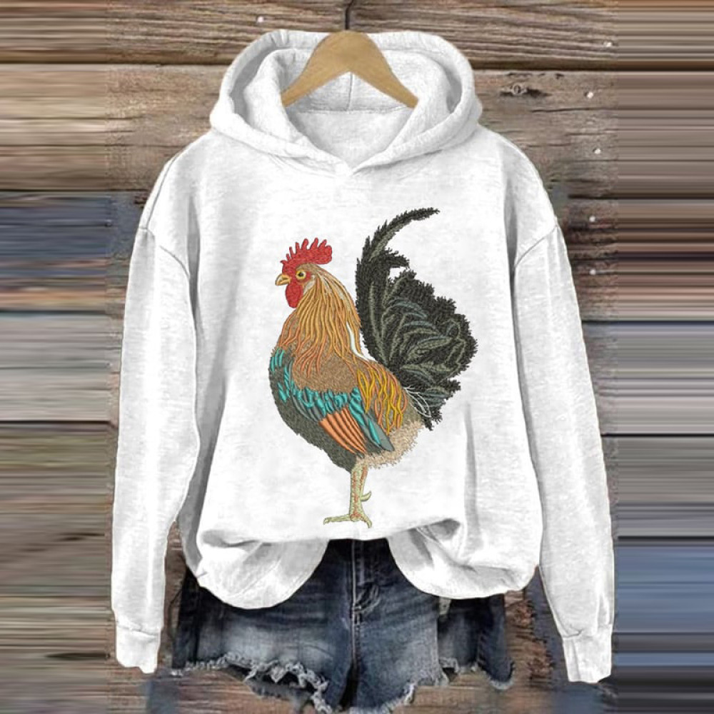 Rooster Print Casual Long Sleeve Hoodie