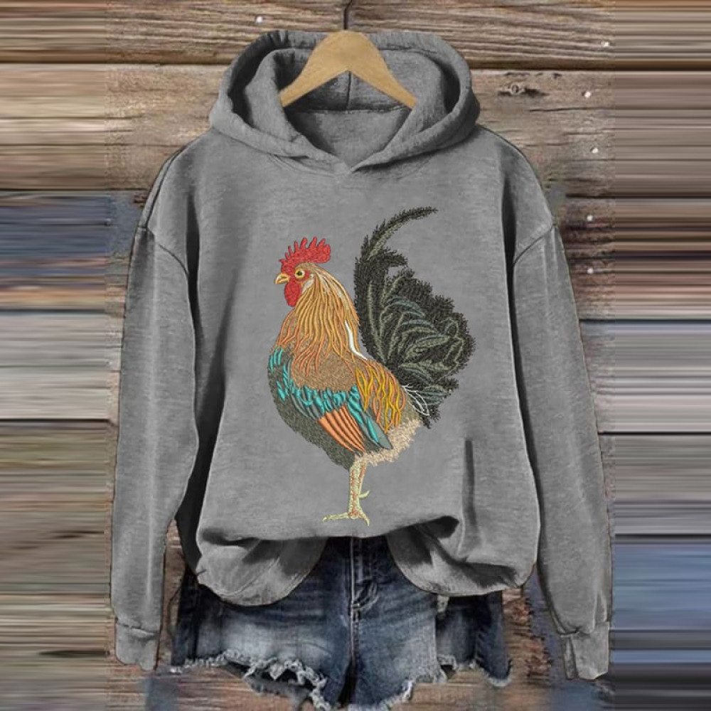 Rooster Print Casual Long Sleeve Hoodie