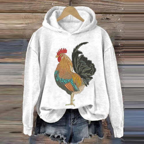 Rooster Print Casual Long Sleeve Hoodie