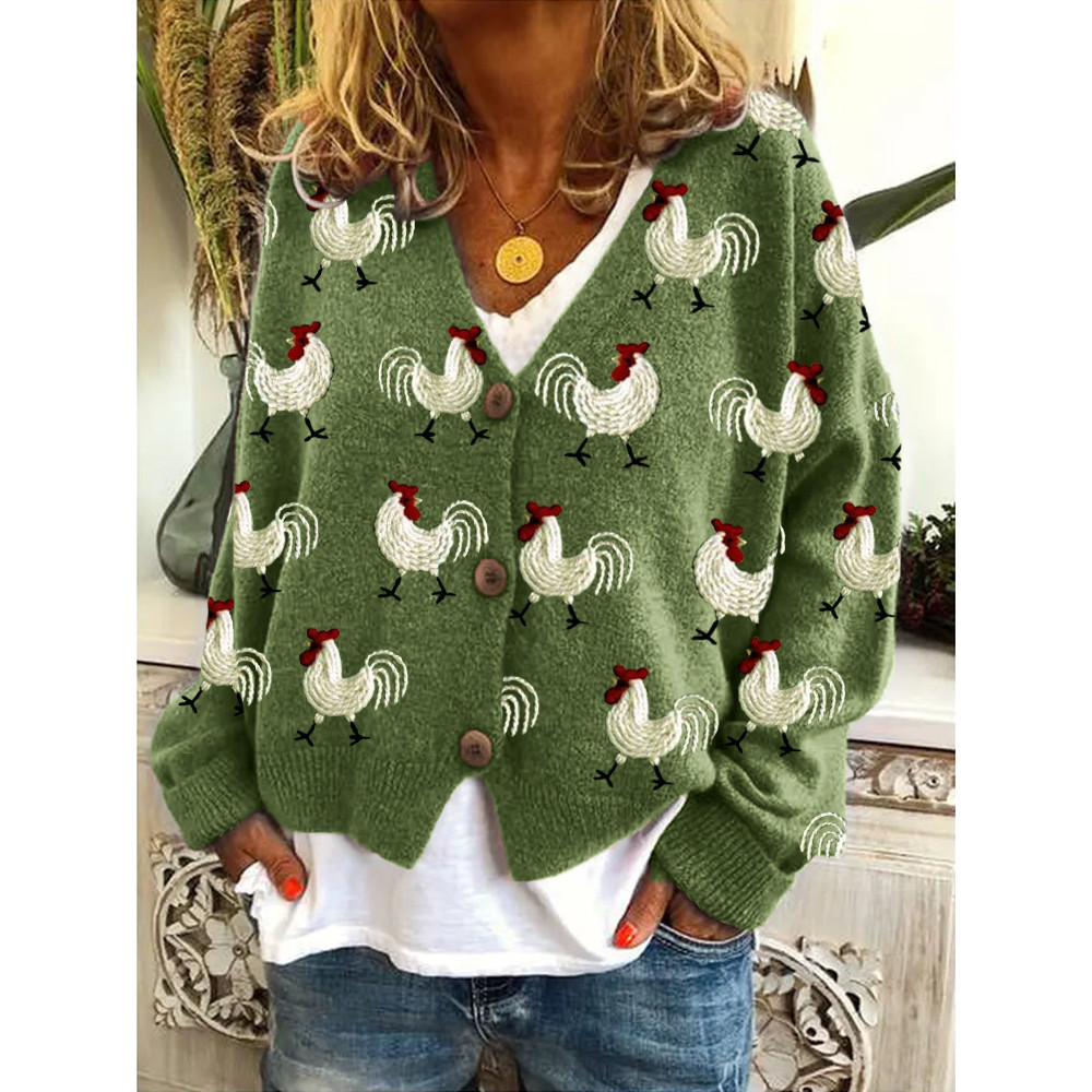 Roosters Embroidery Pattern Cozy Knit Cardigan